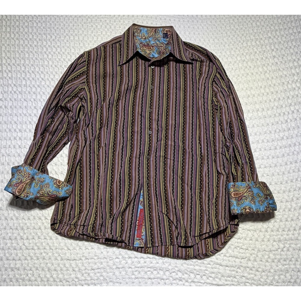Robert Graham XL Button Down Shirt Multicolor Stripe Paisley Flip Cuff‎